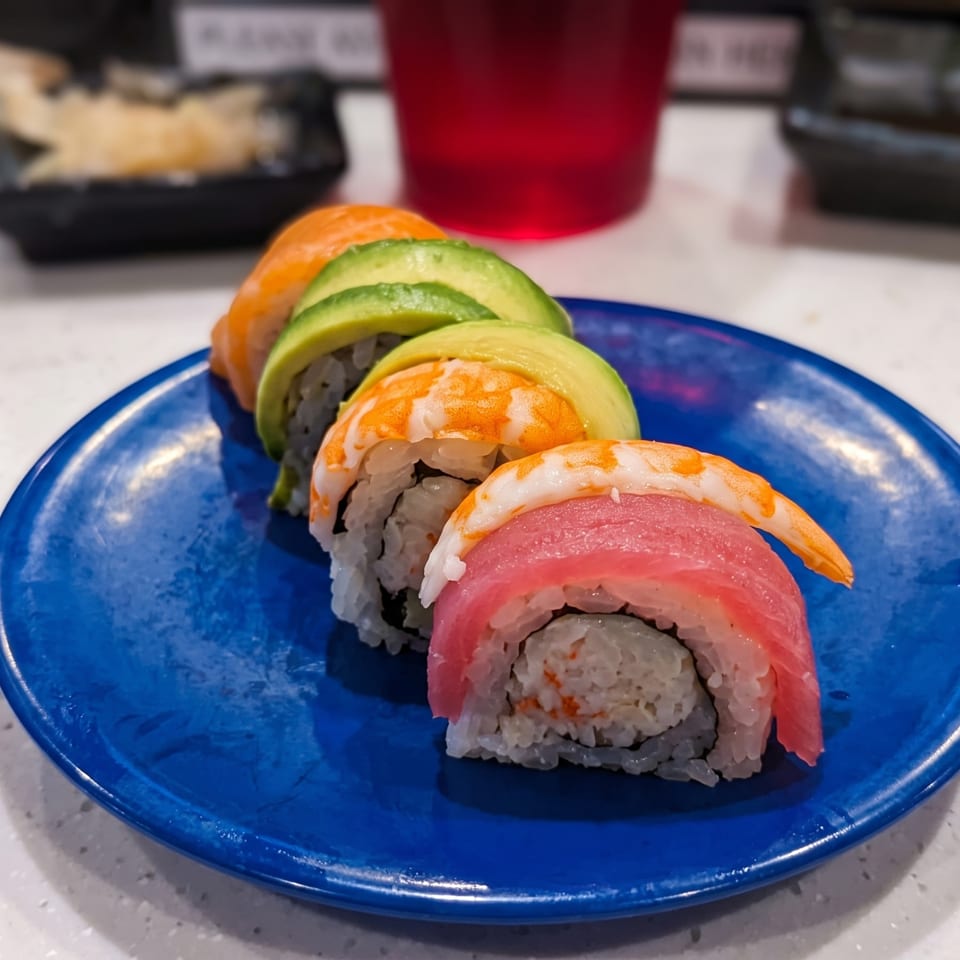 Colorful sushi rolls topped with shrimp, tuna, and avocado arranged on a blue plate, with soy sauce and a red drink in the background.