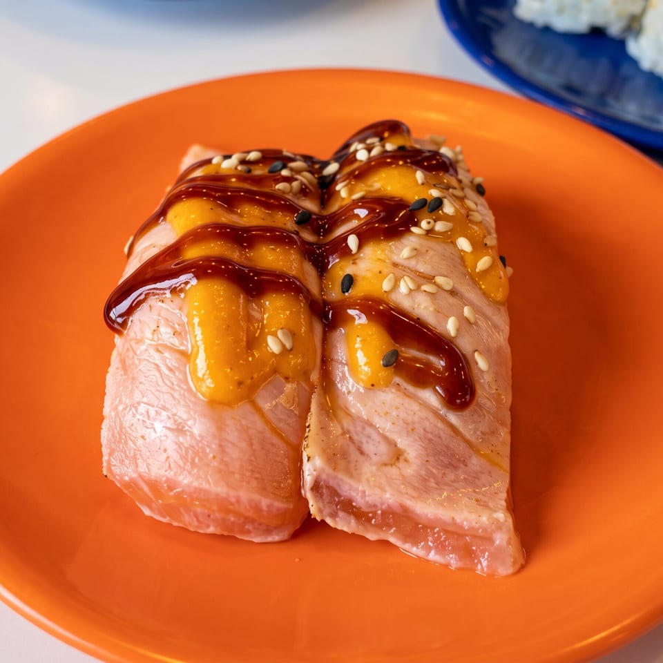 Two crepes topped with caramel sauce and sesame seeds on an orange plate, with rice visible on a blue plate in the background.